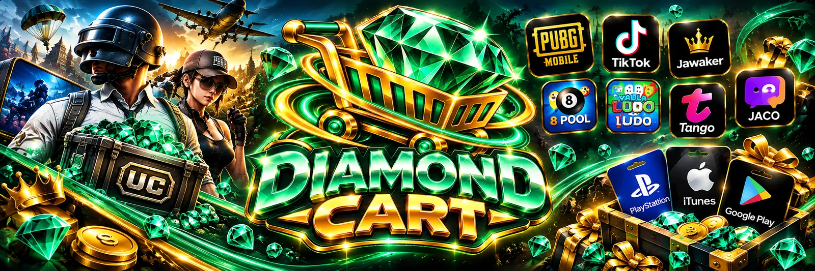 Diamond Cart: ببجي، جواكر، تيك توك، بطاقات بلايستيشن وآيتونز وجوجل بلاي